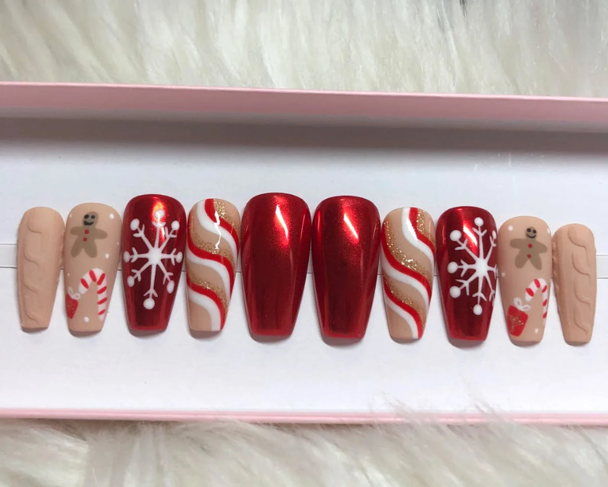 christmas, red chrome, snowflakes, gingerbread, candy cane, sweater press-on nails by Polished by Maddie