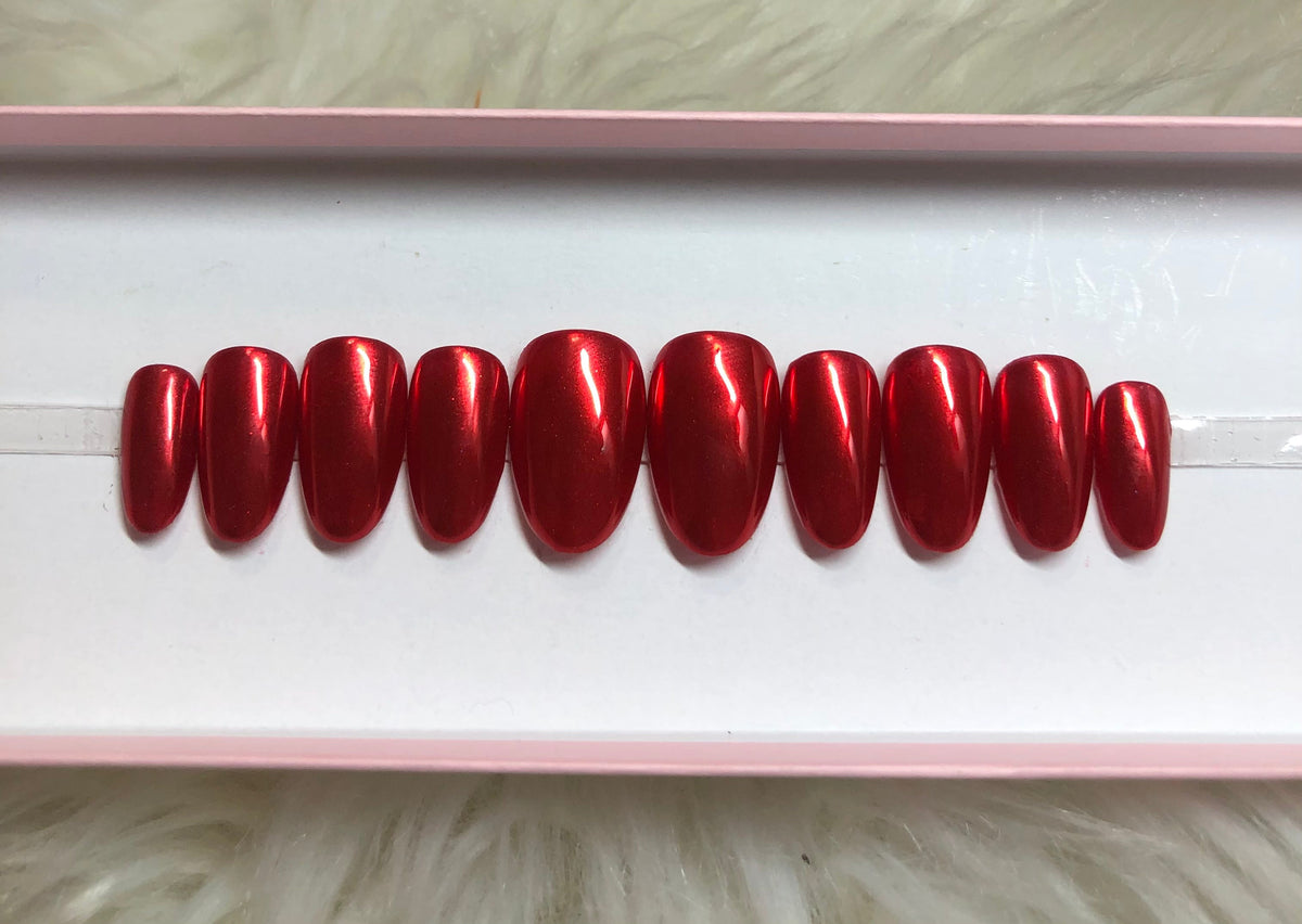 red chrome press-on nails by Polished by Maddie