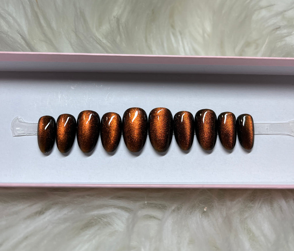 cat eye glitter brown orange burnt velvet black space press-on nails by Polished by Maddie