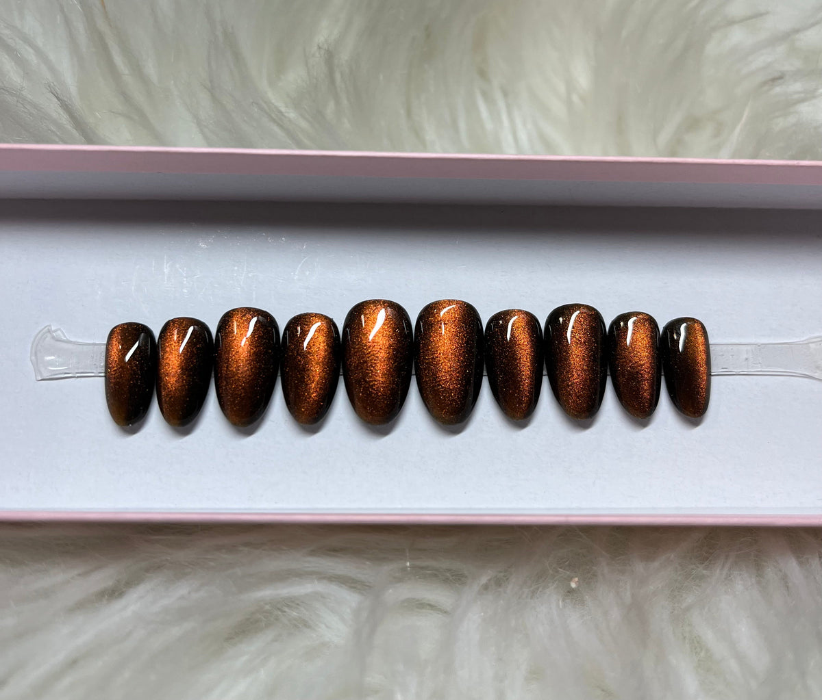 cat eye glitter brown orange burnt velvet black space press-on nails by Polished by Maddie