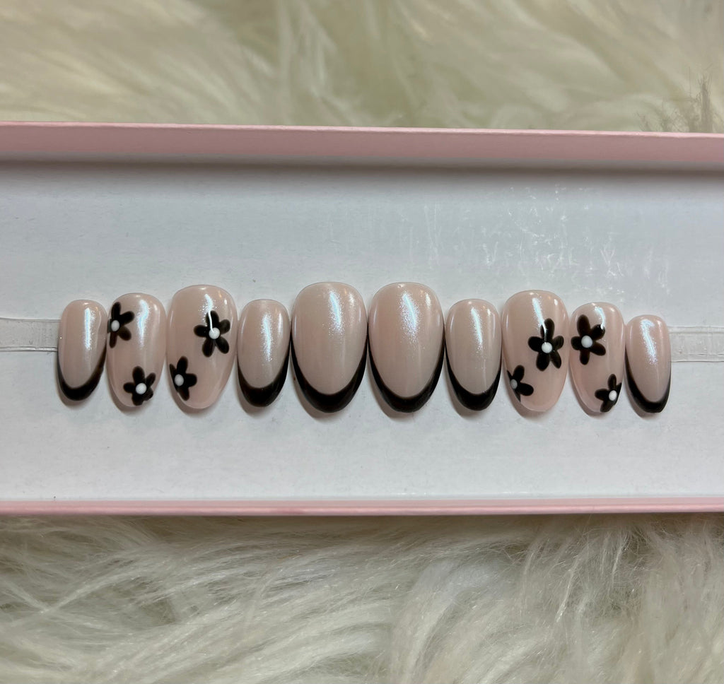 black chrome flowers french tips press-on nails by Polished by Maddie