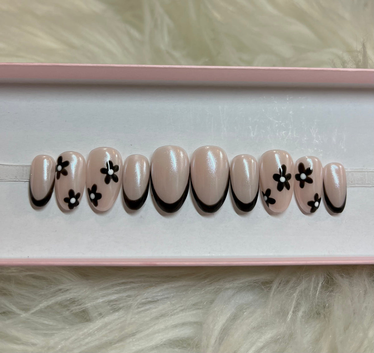 black chrome flowers french tips press-on nails by Polished by Maddie