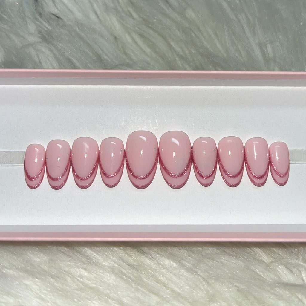 pink glitter french tips press-on nails by Polished by Maddie