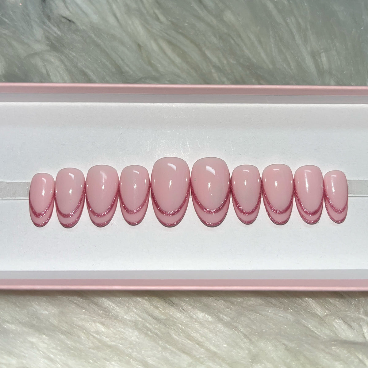 pink glitter french tips press-on nails by Polished by Maddie