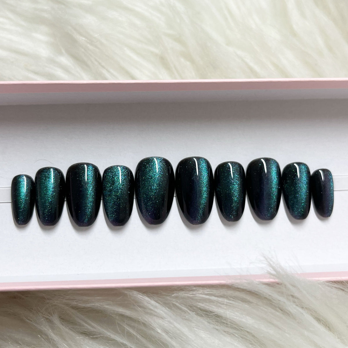 green black blue purple cat eye glitter velvet press-on nails by Polished by Maddie