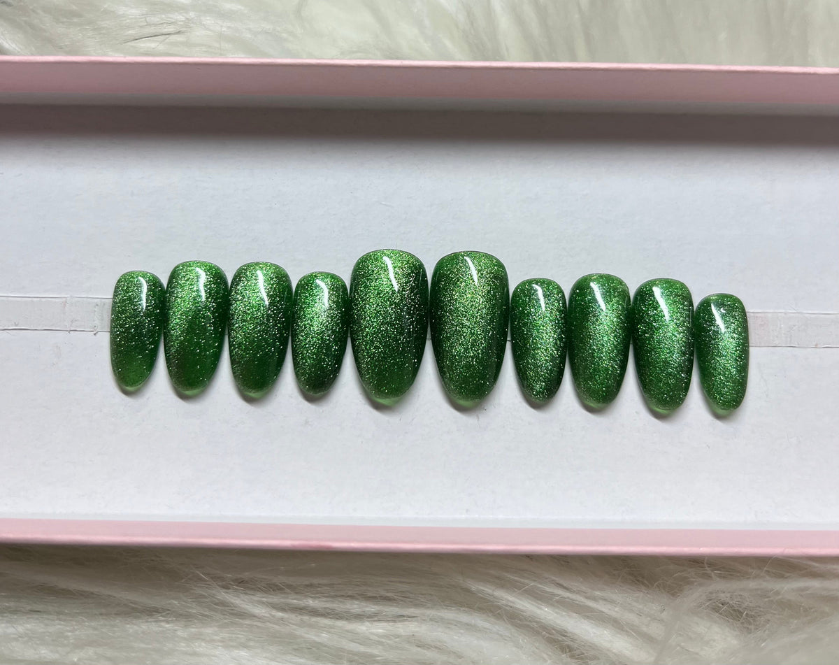 green velvet cat eye glitter press-on nails by Polished by Maddie