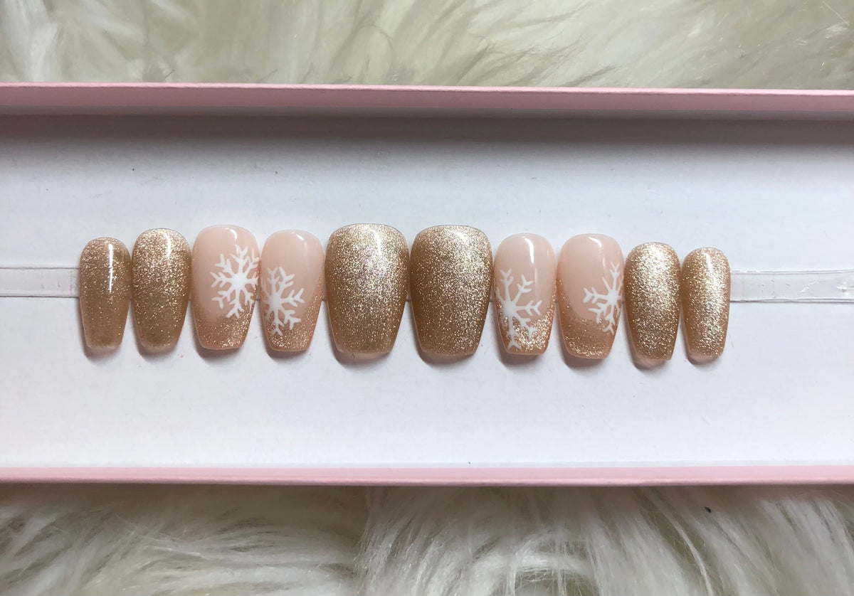 gold velvet glitter snowflakes french tips press-on nails by Polished by Maddie