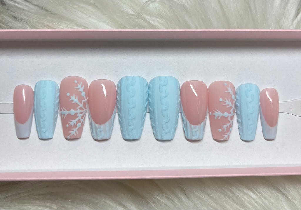 blue snowflakes 3d sweater press-on nails by Polished by Maddie