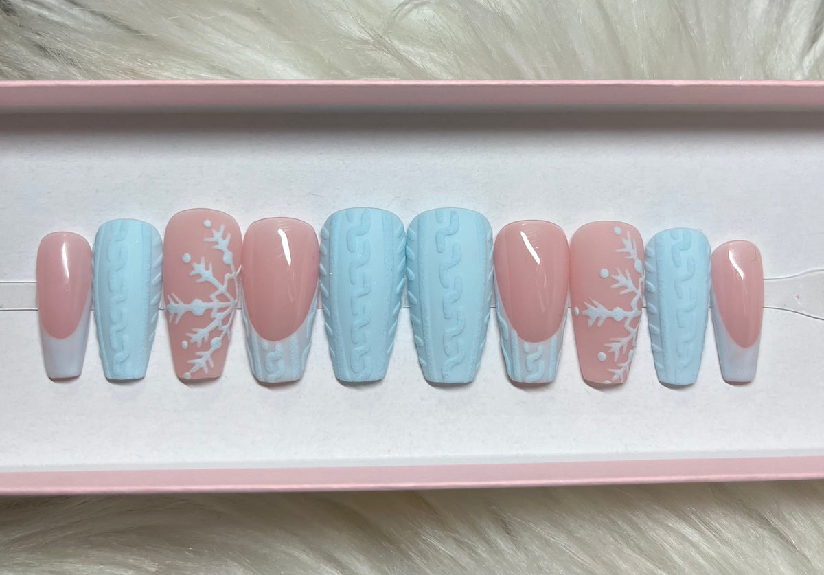 blue snowflakes 3d sweater press-on nails by Polished by Maddie