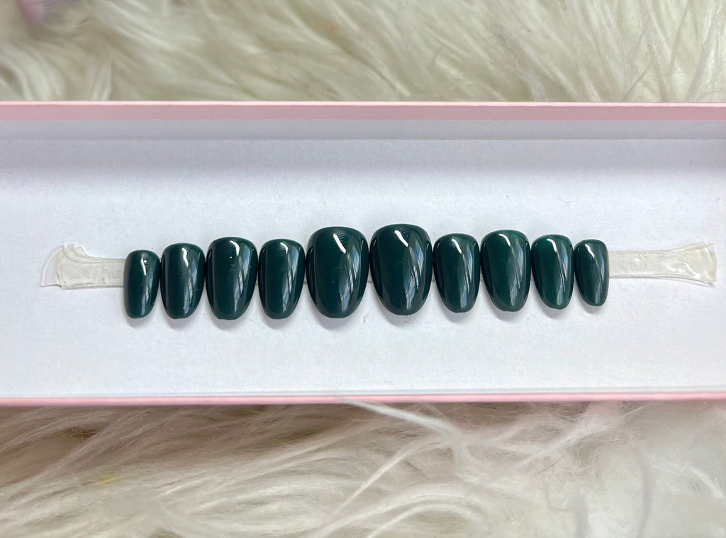 fall deep green dark press-on nails by Polished by Maddie