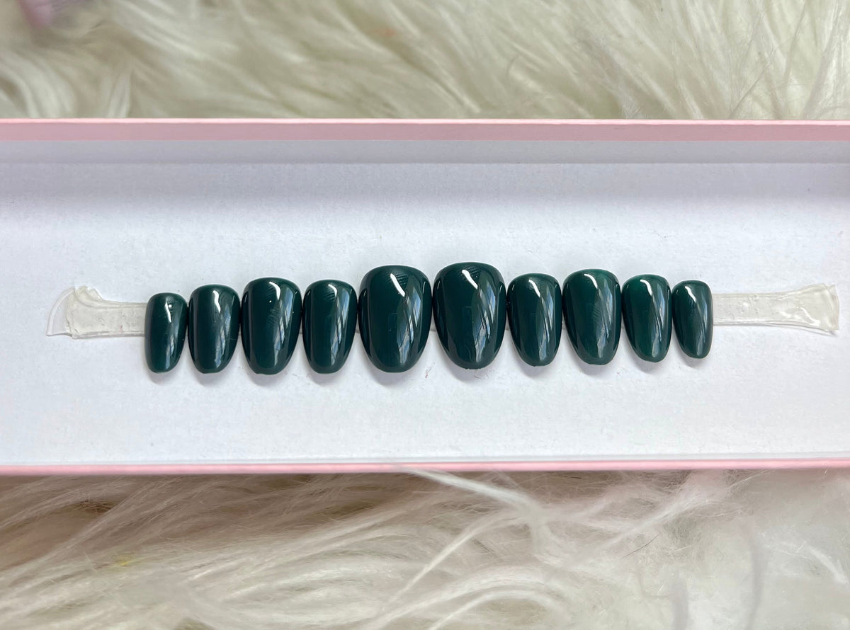 fall deep green dark press-on nails by Polished by Maddie