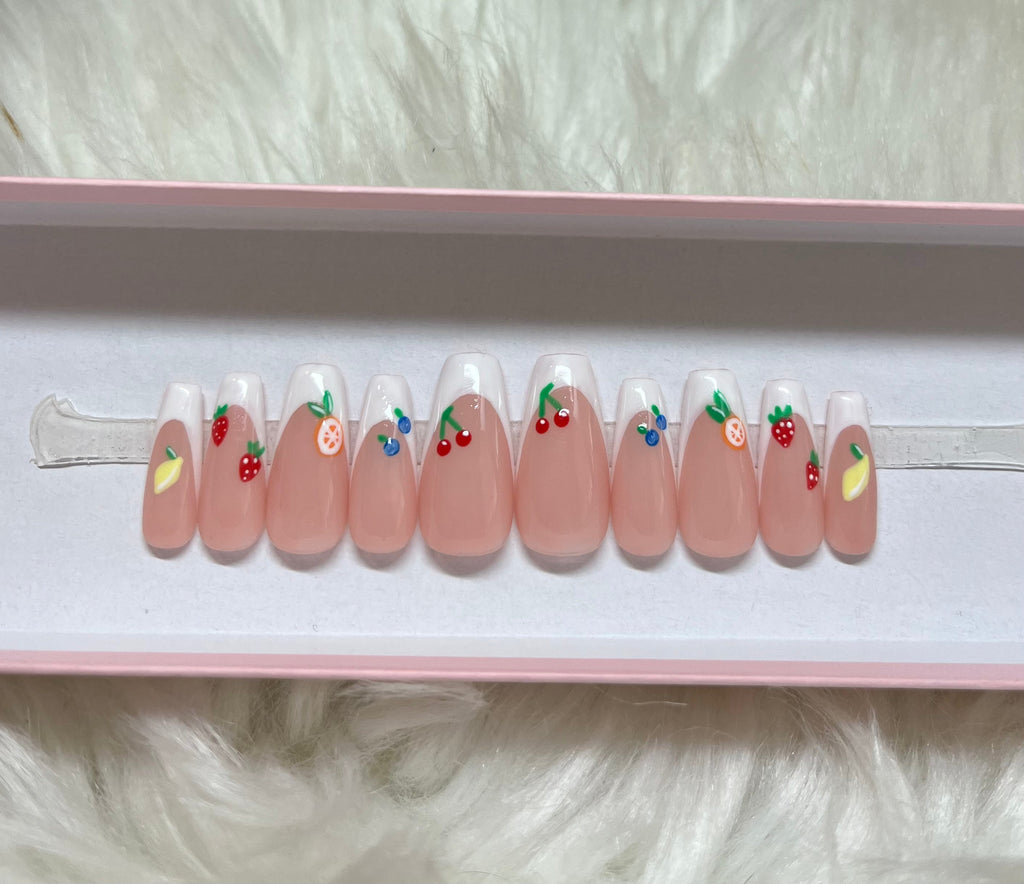 fruit cherry blueberry orange citrus strawberry lemon french tips press-on nails by Polished by Maddie